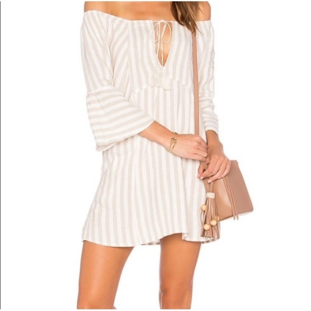 Free People‎ Women's Beige Striped Linen Blend Peasant Mini Dress XS Boho
